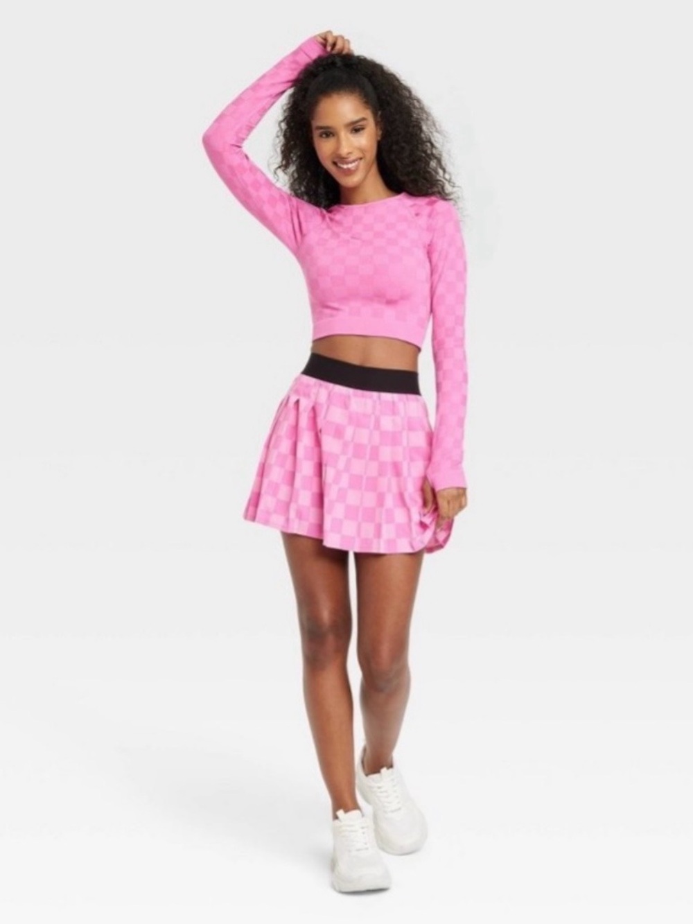 Joy Labs Pink Women's Long Sleeve Jacquard Seamless Checkered Workout Top - Picture 3 of 8